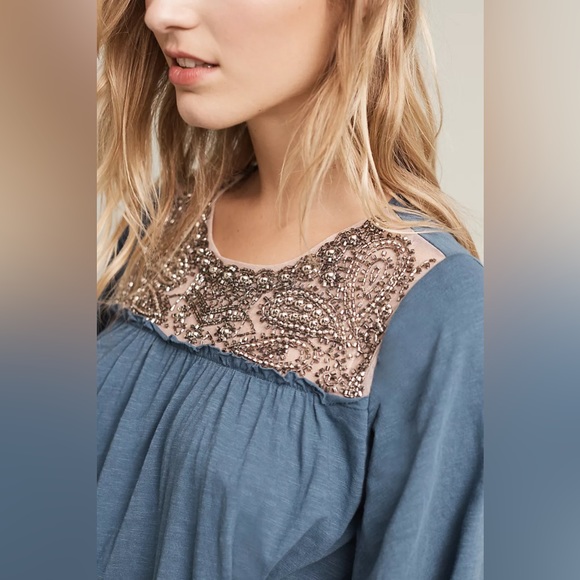 Anthro Deletta Slate Beaded Embellished Wide Flare Sleeve Swing Blouse Top - Picture 3 of 15